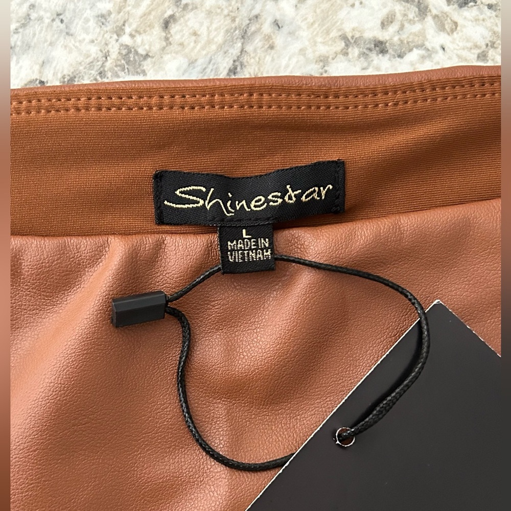 NWT Shinestar Tummy Tucker High Waist Faux Leather Leggings Camel Size L - Picture 6 of 12